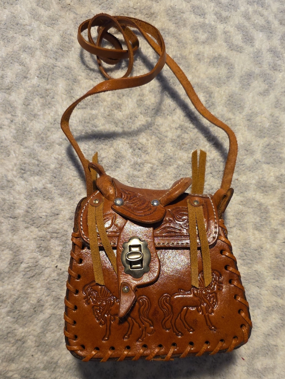Vtg Hand Tooled Leather Mini Saddle Crossbody Bag